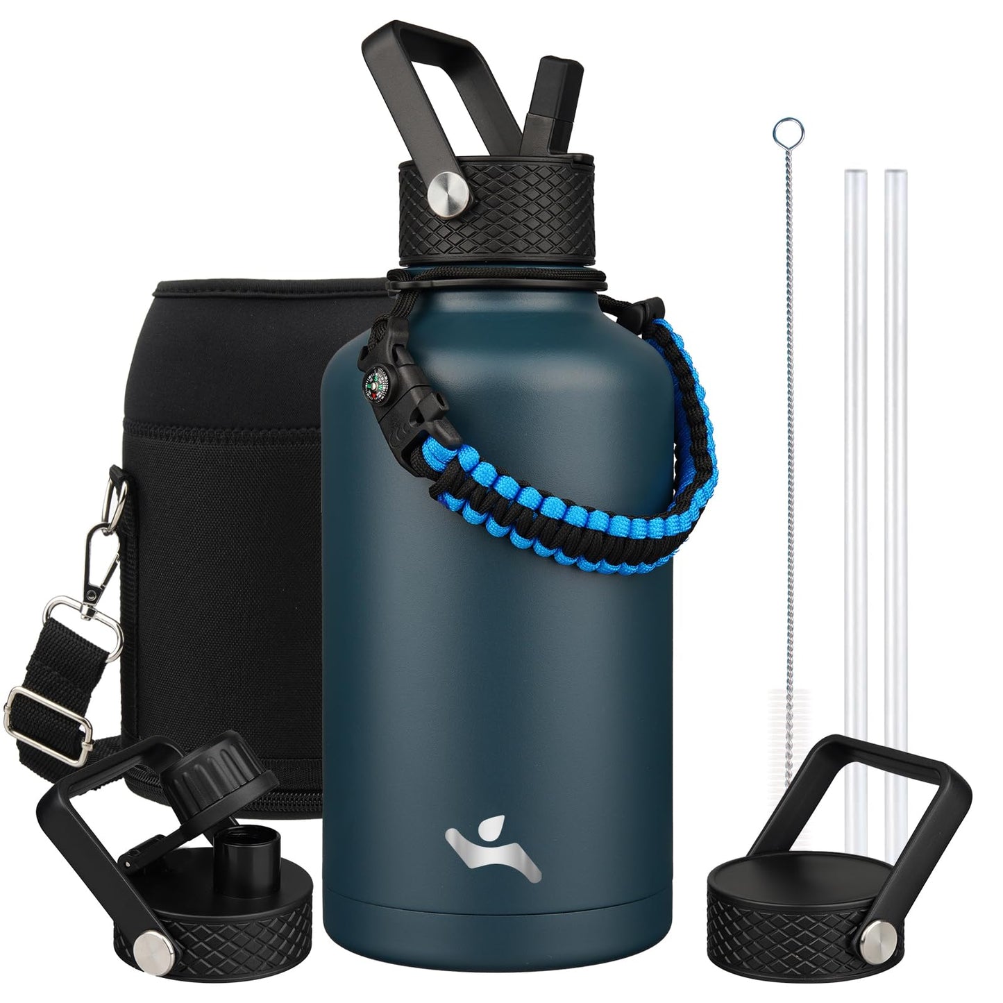 Konokyo Half Gallon Insulated Water Bottle with Straw,64 oz 3 Lids Water Jug with Carrying Bag,Paracord Handle,Double Wall Vacuum Stainless Steel Metal Flask,Navy Blue