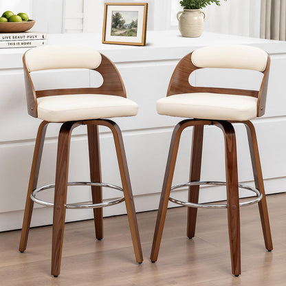 Mid Century Modern Counter Height Bar Stools Set of 2, 360° Swivel Counter Stools with Bentwood Walnut Frame, Upholstered Faux Leather Seat, Curved Back Kitchen Island Chairs, 25" Seat Height, Beige
