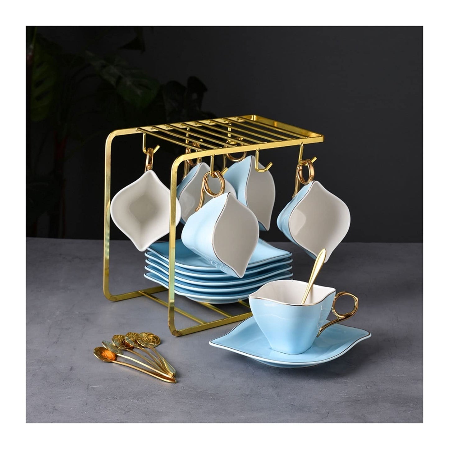 xiyouya 6-Piece Porcelain Ceramic Coffee Tea, Cups & Saucer Service Include 6 Cup，6 ，6 Teaspoons and Display Stand ，200ml/6.8oz(B)