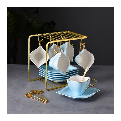 xiyouya 6-Piece Porcelain Ceramic Coffee Tea, Cups & Saucer Service Include 6 Cup，6 ，6 Teaspoons and Display Stand ，200ml/6.8oz(B)