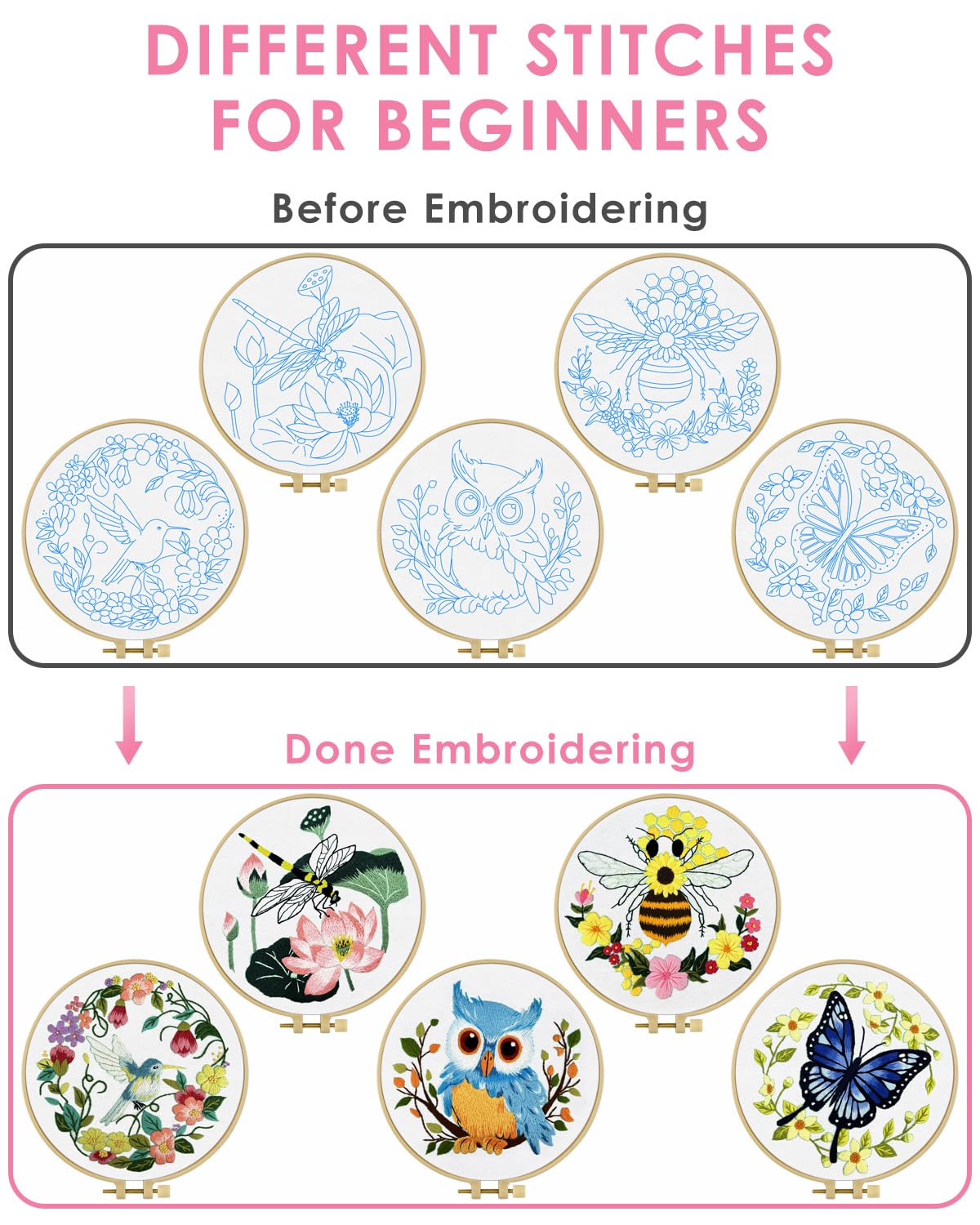 TINDTOP 5 Sets Embroidery Kit for Beginners Adult, Embroidery Kit for Beginners Include Embroidery Cloth Hoops Threads for Craft Lover Hand Stitch with Embroidery Skill Techniques