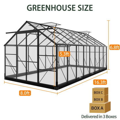 Greenhouses for Outdoors, 8x16 FT Polycarbonate Greenhouses with 4 Adjustable Roof Vents, Walk-in Aluminum Frame Green Houses for Outside with Sliding Doors Windproof, Garden
