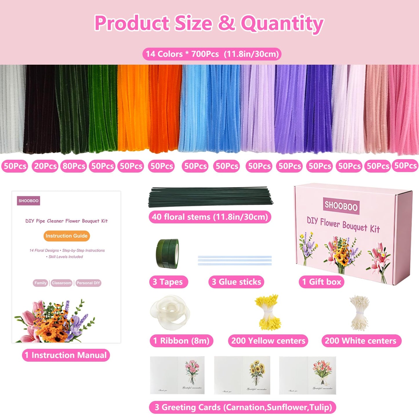 700 PCS Pipe Cleaner Flower Kit, Pipe Cleaners Craft Bulk 14 Colors Chenille Stems Flower Making Kit with 14 Flower Designs Guiding Book, Floral Stems & Craft Accessories for Art and Craft Supplies