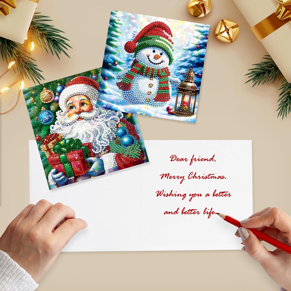 8pcs Diamond Art Kits for Adults DIY Christmas Cards with Envelopes Rhinestone Painting Cards Kits Diamond Painting Santa Greeting Card for New Year Party Supplies (Snowman and Santa Claus)