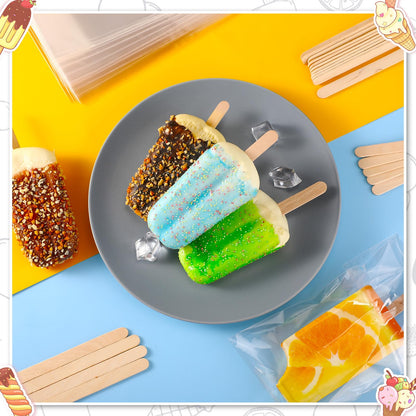 Patelai 500 Pcs Ice Lolly Sticks and Plastic Bags Set, Clear Self-adhesive Plastic Bags and Ice Lolly Sticks for Family Gathering Summer Party, 4.49 Inch, 8.27 x 3.15 Inch