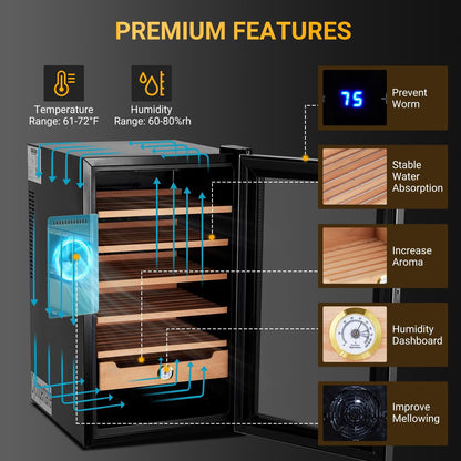 70L Electric Cigar Humidors Temperature Control System, Cooling & Heating Humidor Cabinet with Spanish Cedar Wood Shelves & Digital Hygrometer, Gifts for Men (500 Counts Capacity)