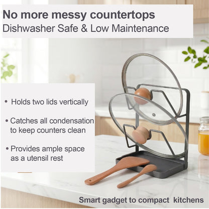 Space-Saving Carbon Steel Pot Lid Holder While Cooking, Double-Layer Kitchen Pot Lid Storage Rack with Removable Drip Tray, Spoon Rest for Ladle, Spatula & Pan Cover(Dark Grey)