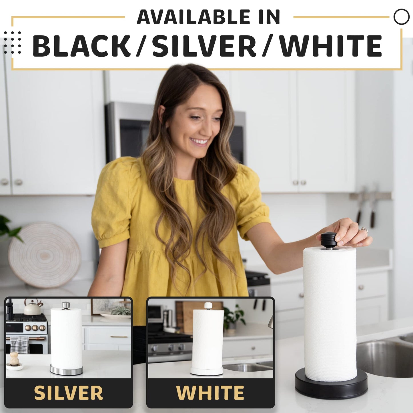 Heavy-Duty Stainless Steel Paper Towel Holder - Easy One-Handed Tear with Suction Cups - Modern Weighted Standing Countertop Dispenser for Kitchen - Holds All Paper Towel Rolls, Silver