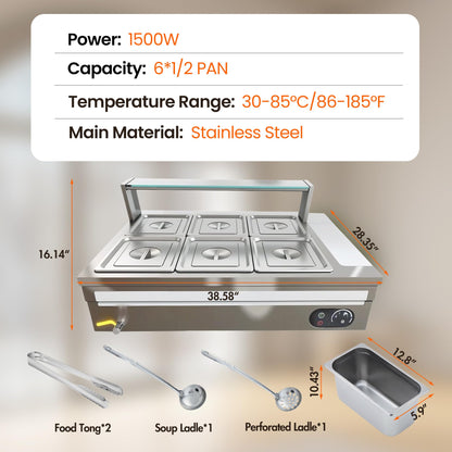 6-Pan Commercial Food Warmer, 72 Qt Electric Steam Table, Stainless Steel Bain Marie with Tempered Glass Cover, 1500W Countertop Food Warmer 86-185°F Temp Control for Catering, Restaurant, Silver