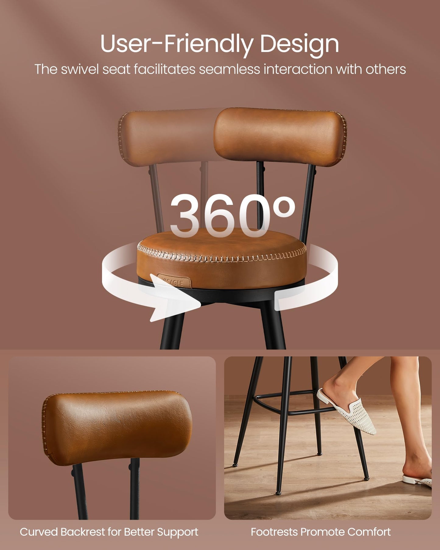 VASAGLE EKHO Collection - Bar Stools Set of 4, Swivel Bar Height Bar Stools with Back, Synthetic Leather with Stitching, Mid-Century Modern, 30-Inch Tall Barstools for Kitchen Home Bar, Caramel Brown