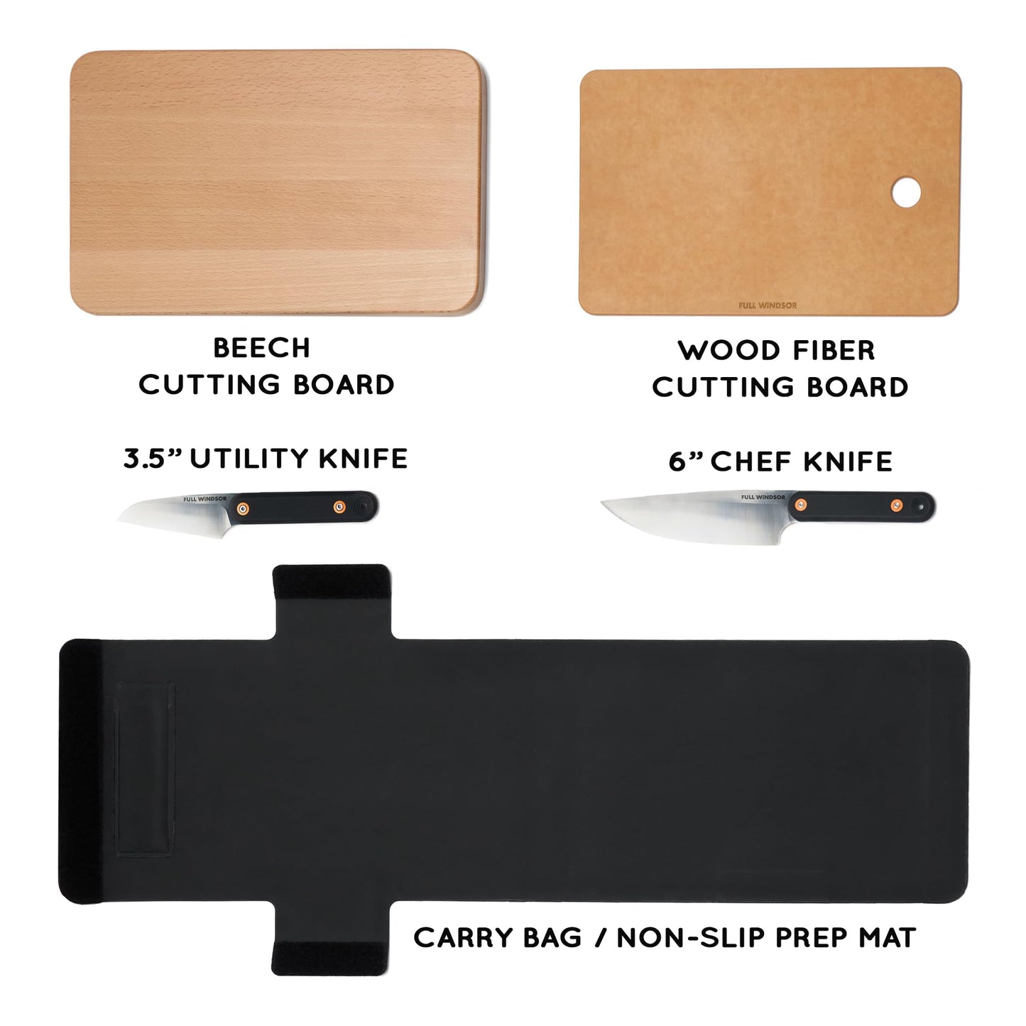 FULL WINDSOR - MagKnives Magnetic Camping Cutting Board and Knife Set - Portable Camping Kitchen Prep Kit with 2 Wood Cutting Boards, 6" Chef Knife, 3.5" Utility Knife, Carry Bag for Outdoor Cooking