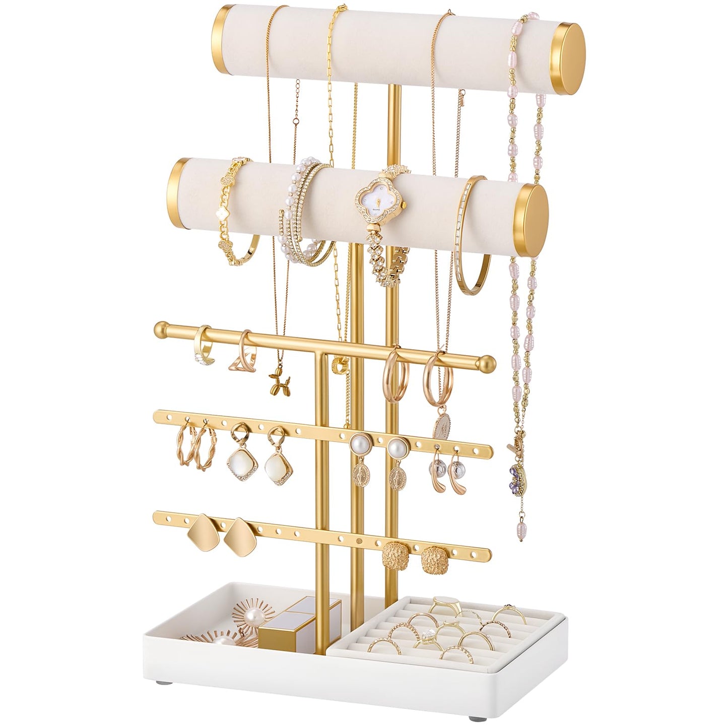 Lolalet Bracelet Display Stand Necklaces Holder, 5 Tiers Jewelry Organizer and Storage Rack with Velvet Slot and Metal Base, for Women Bangles Watches Ring Earrings -White