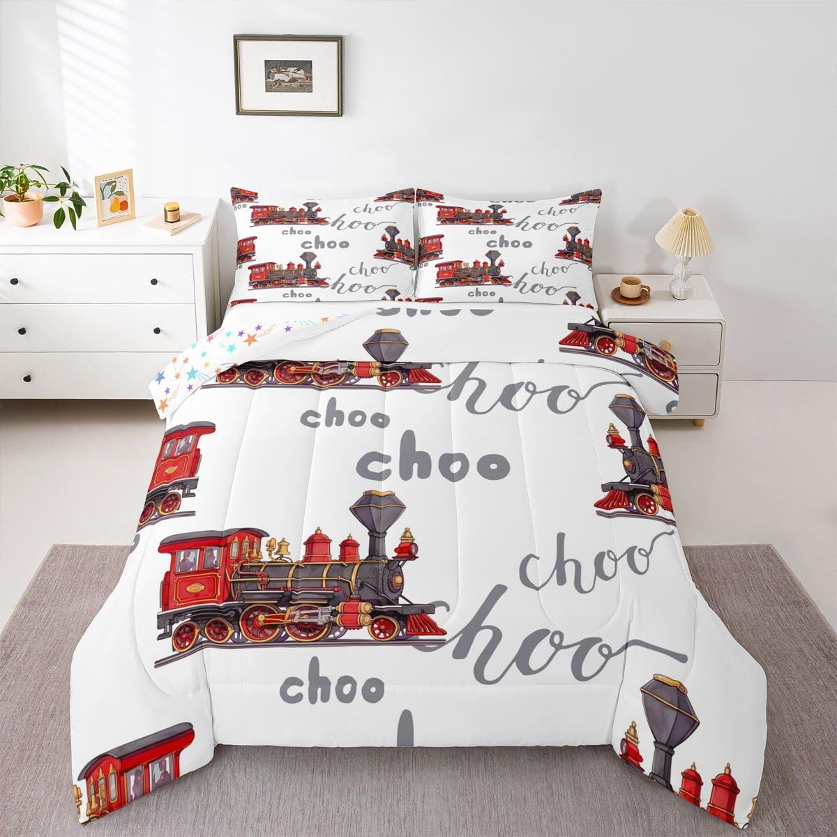 Set Set Set Set 1 Feelyou Cartoon Car Bedding Kids Train Comforter Boys Girls Choo-Choo Rail Roads Tracks Decor
