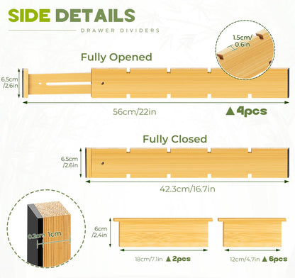 Bamboo Drawer Dividers 4PCS with Inserts, Expandable Kitchen Utensil Drawer Organizers,Adjustable drawer organizer for deep drawers Dresser Closet Underwear Storage Bedroom Bathroom Drawers(16.6"-22")