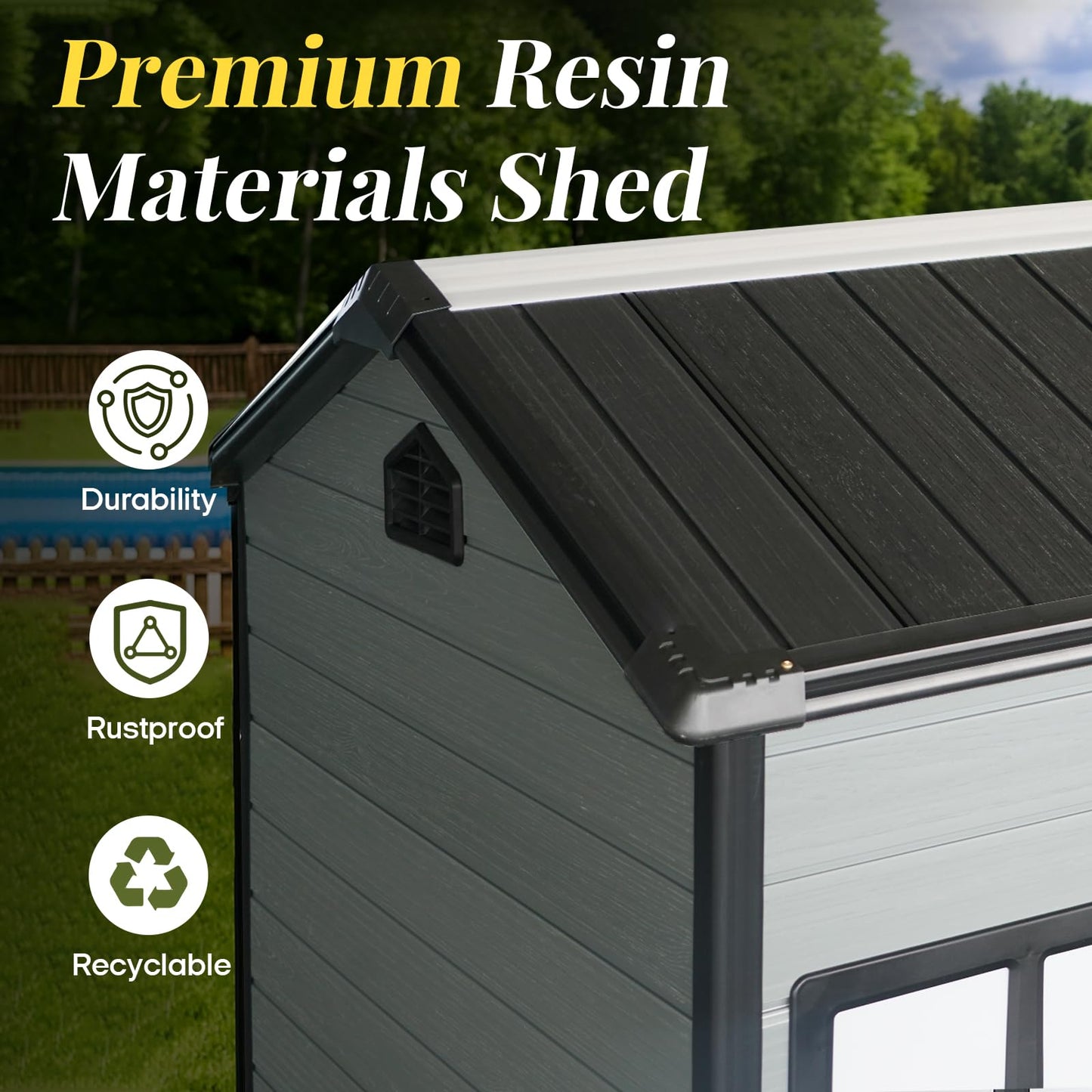 FammyLoft 8x4 FT Resin Storage Shed with Floor, Outdoor Plastic Shed with 2 Windows, 2 Vents and Lockable Door for Backyard Garden Patio Tools, Bike Metal Frame (Black+Grey)