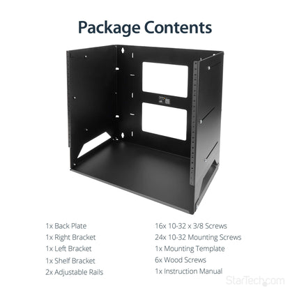 StarTech.com 2-Post 8U Open Frame Wall Mount Network Rack with Built-in Shelf, Wall Mount Data Rack with Adjustable Depth for AV / Computer / IT Equipment, TAA Compliant Server Rack (WALLSHELF8U)