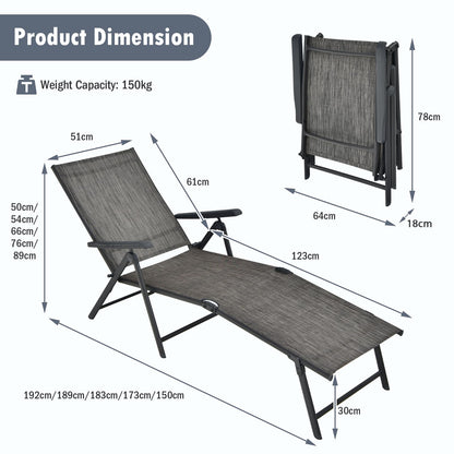 Multigot Folding Sun Lounger Set of 2, 5-Positions Adjustable Reclining Chaise Lounge Chair with 2-Level Footrest & Armrests, Steel Frame Outdoor Sunbed Deck Chair for Poolside Beach Camping (Gray)