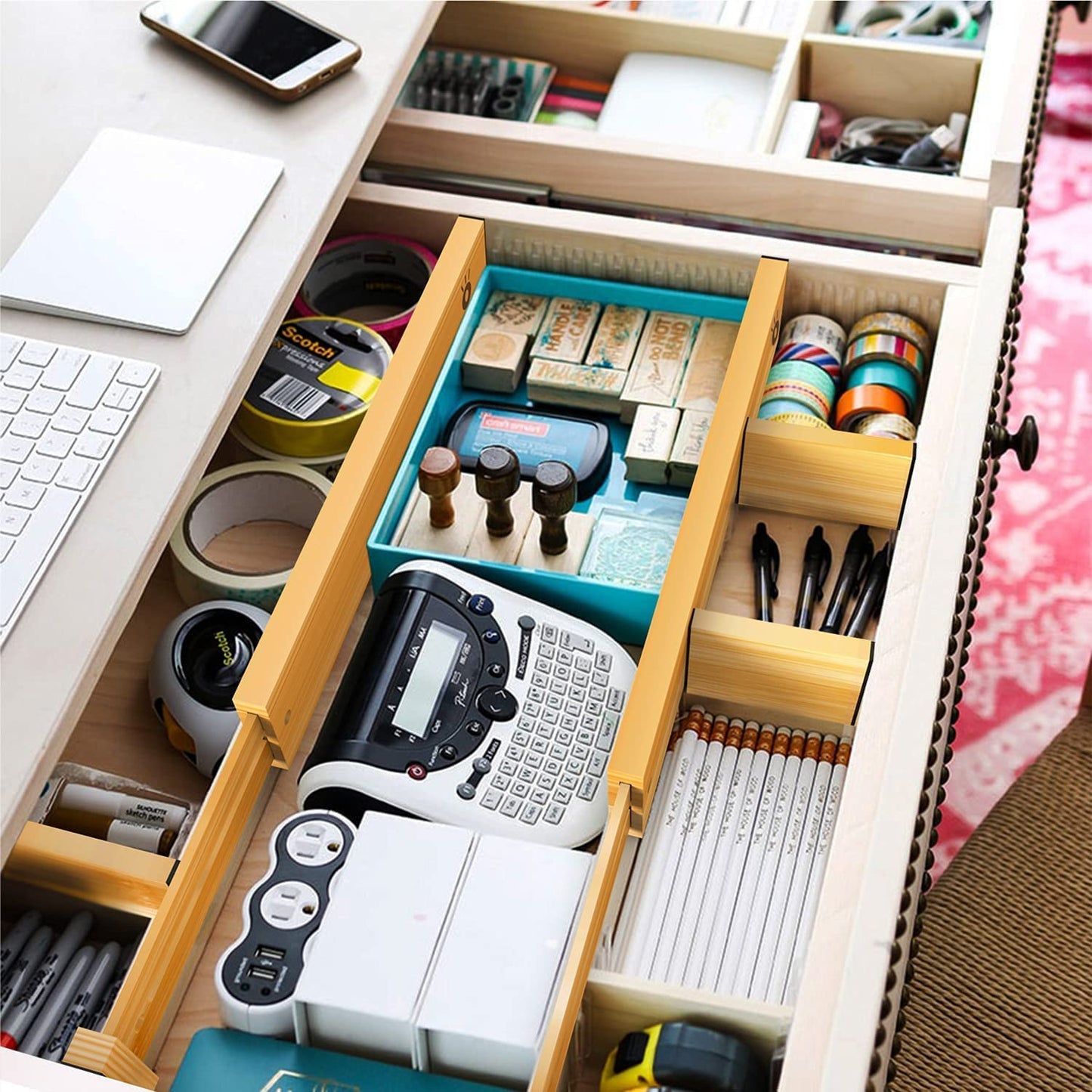 ANTOWIN Bamboo Drawer Dividers, Expandable Drawer Separators Splitter, 17-22 inches Adjustable Spring-loaded Organizer for Large Utensil, Clothes, Tools Drawers, 6 Pack Dividers + 4 Pack Baffle