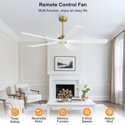 WINGBO 60 Inch Ceiling Fan without Light - 5 Carved Solid Wood Blades, 6-Speed Reversible DC Motor, Noiseless Remote Control Ceiling Fan No Light for Bedroom Living Room Kitchen, Gold and White
