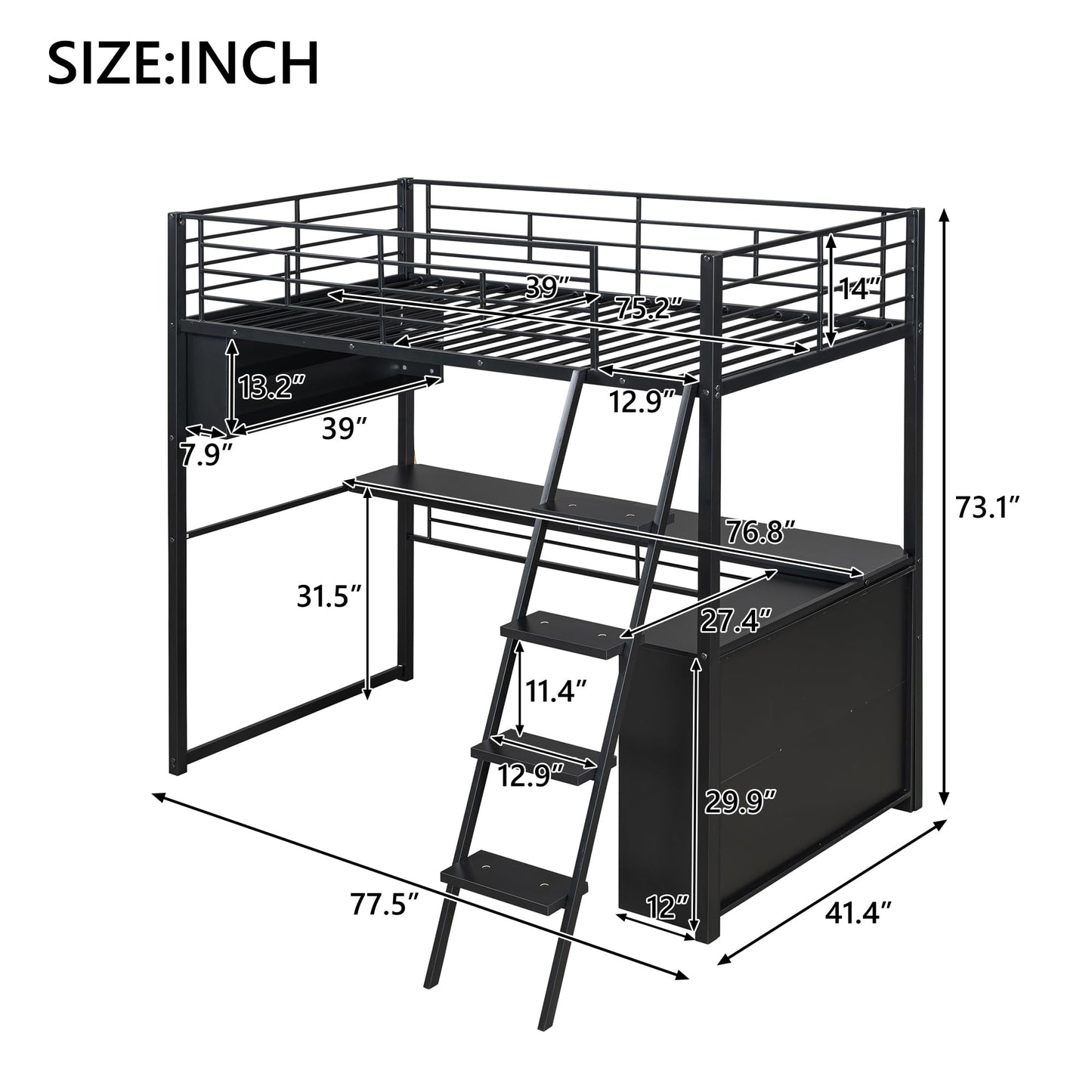 Merax Twin Size Metal Loft Bed with LED, Desk, 4 Storage Shelves, Full-Length Guardrails and Ladder for Kids Teens Adults, Black