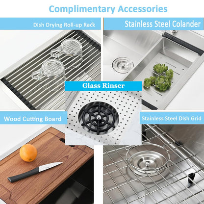 33 Inch Undermount Kitchen Sink with Glass Rinser -Bokaiya 33x19 Stainless Steel Kitchen Sinks Undermount Workstation Sink 16 Gauge Multifunctional Single Bowl Deep Kitchen Sink with Cutting Board