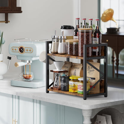 Coffee Bar Station Organizer Shelf for Countertop, 2 Tiers Wooden Spice Rack, Rustic Brown Large Desk Shelf Riser