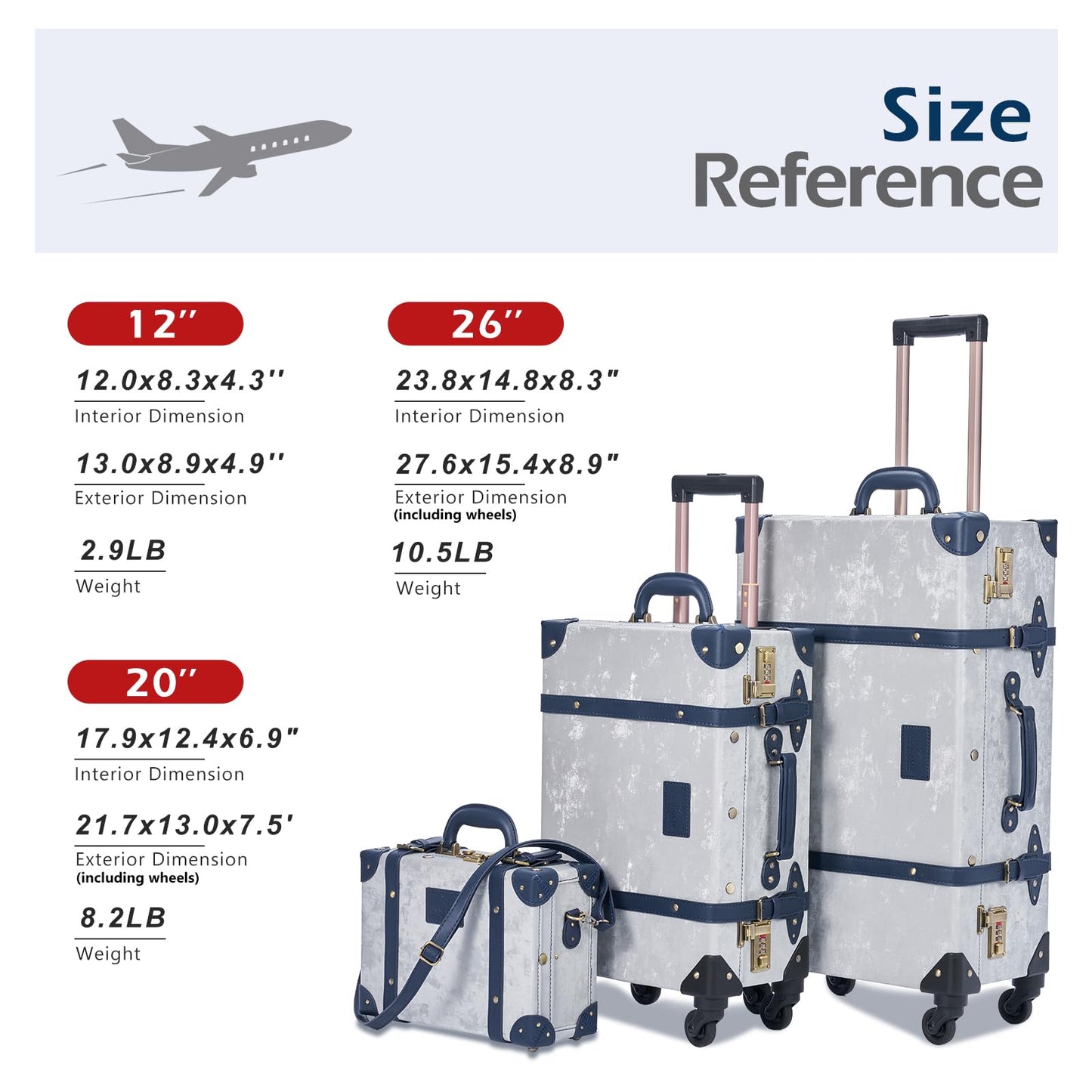 UNIWALKER 2-Piece Vintage Carry-on Luggage Set, Retro Leather Suitcase with Cosmetic Train Case for Women(Velvet Grey, 20''+12'')