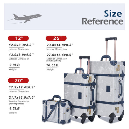UNIWALKER 2-Piece Vintage Carry-on Luggage Set, Retro Leather Suitcase with Cosmetic Train Case for Women(Velvet Grey, 20''+12'')