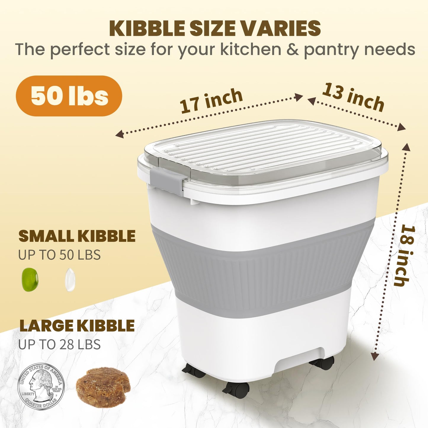 HOYTAMDAR 20-50Lbs Rice Container,Collapsible Food Storage Containers with Airtight Clear Lid,Wheels,Rice Storage Container with Small Bin and Scoop,Rice Dispenser for Flour Sugar Cereal Grain Dog Cat