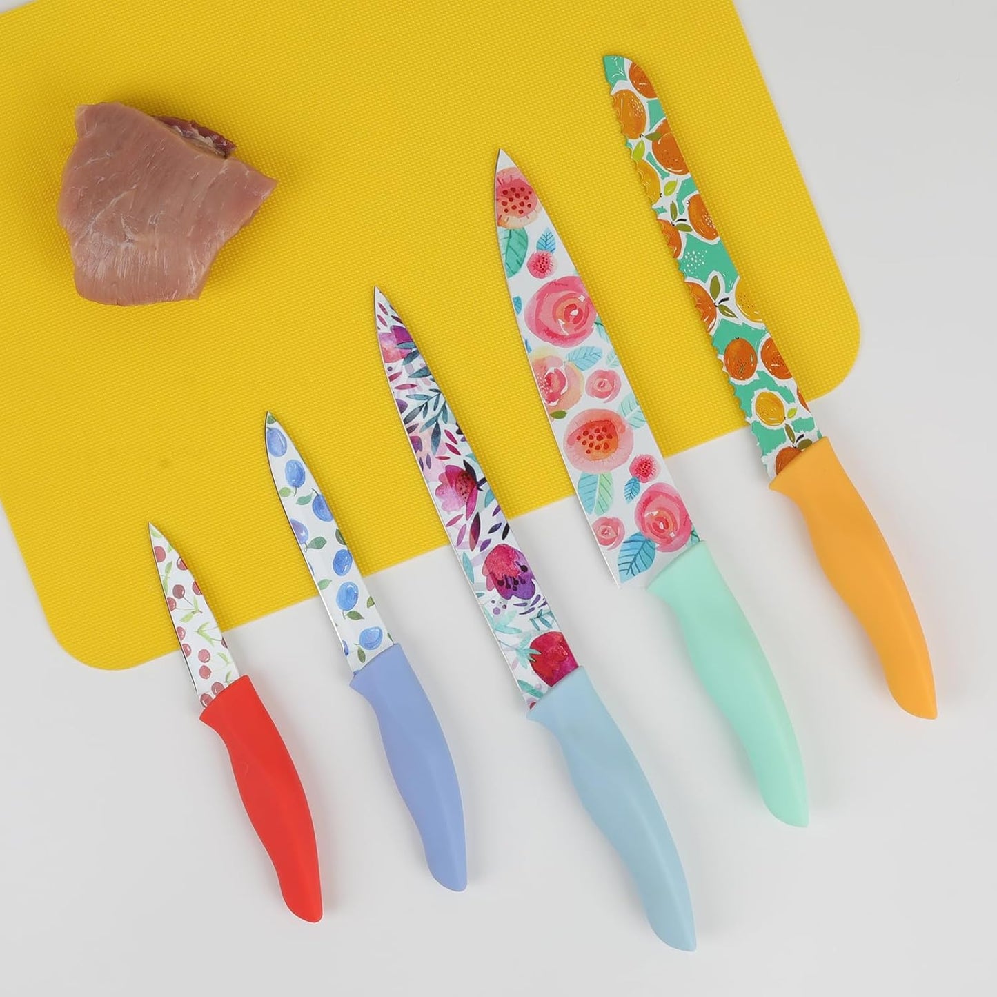 G.a HOMEFAVOR 5-Piece Kitchen Knife Set, Nonstick Coated with 5 Blade Guards, Multicolored
