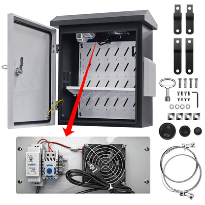Outdoor Electrical Box with Fan and Thermostat,Weatherproof Electrical Enclosure with Dual Air Vents,Equipment Enclosure with Removable Mounting Plate,Wall/Pole Mounted (19.7" x 17.7" x 7.9")
