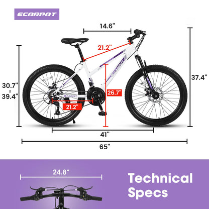 Ecarpat Women's Mountain Bike 24/26 Inch Wheels, 21-Speed Trail Commuter City Mountain Bikes, 15"/17" Carbon Steel Frame Female Bicycles Disc Brakes Front Fork