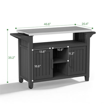 Bifanuo Resin Outdoor Grill Cart, Outdoor Kitchen Island with Stainless Steel Top & Storage Cabinet for Kitchen Prep, Weatherproof Grill Table for BBQ Food Prep, Black