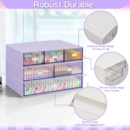 3 Tier Stackable Desk Organizer with 6 Drawers, Plastic Desktop Storage Box Drawers, Detachable Makeup Storage Office Stationery Supplies Organizer for Office School(Purple)