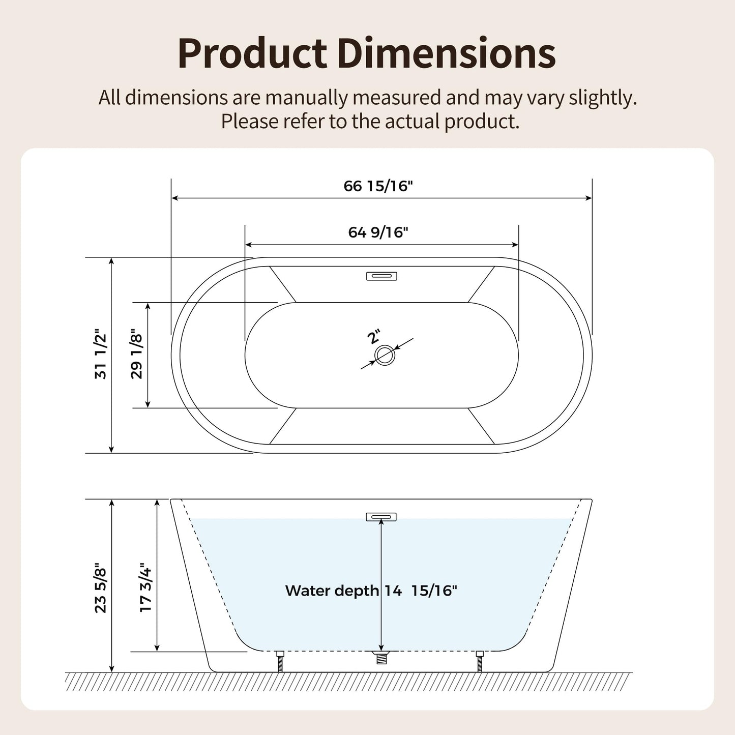 DeerValley 67" Acrylic Freestanding Bathtub, Easy Install Standalone Deep Soaking Tub with Fluted Design, Modern Ergonomic Shower Tub with Center Drain in White, DV-1T0583