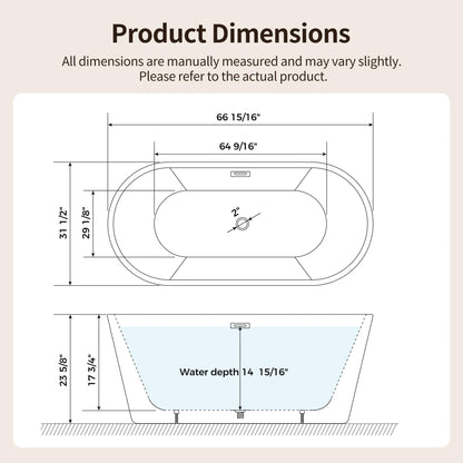DeerValley 67" Acrylic Freestanding Bathtub, Easy Install Standalone Deep Soaking Tub with Fluted Design, Modern Ergonomic Shower Tub with Center Drain in White, DV-1T0583