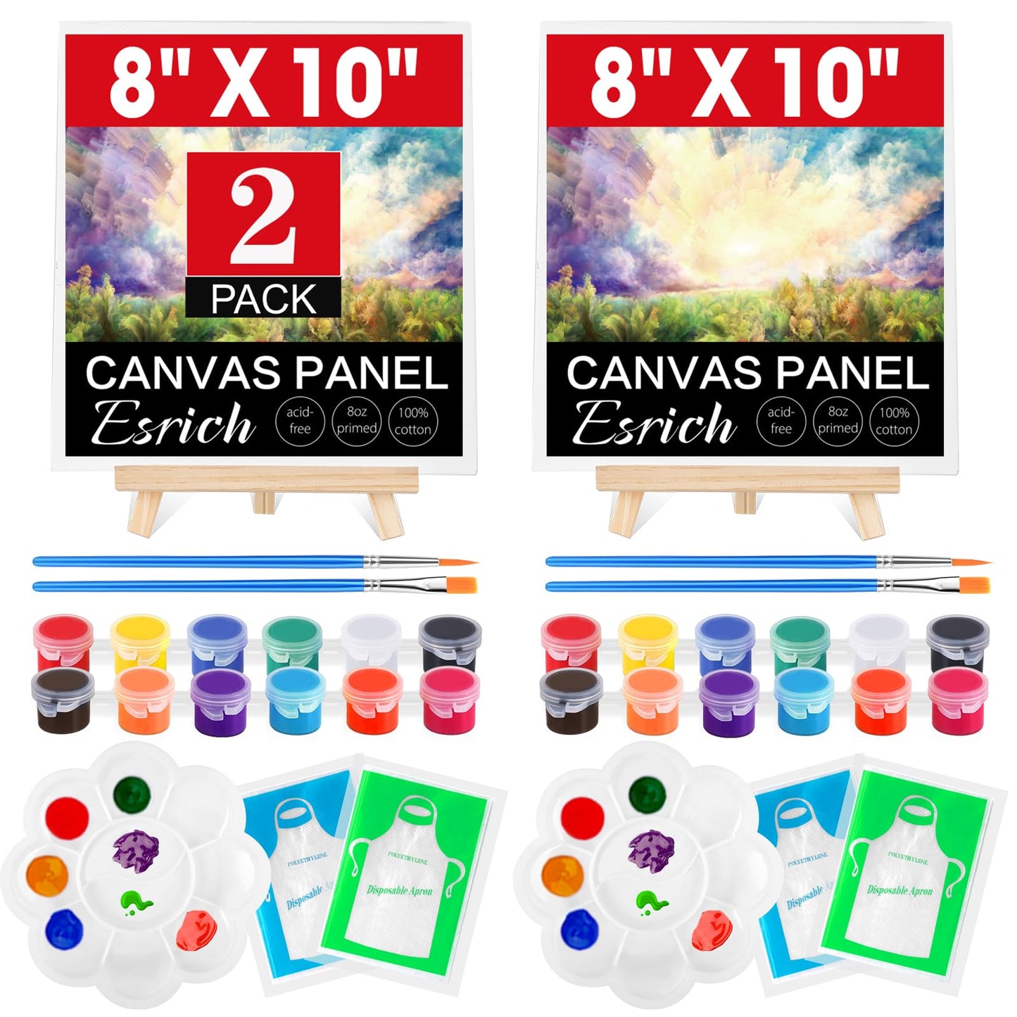 ESRICH 2 Pack 8x10 Canvas and Easel Set, Mini Acrylic Paint, Paint Brushes, Palettes, Aprons, Sip and Paint Kits for Adults Couples Friends Date Night Painting Party Supplies