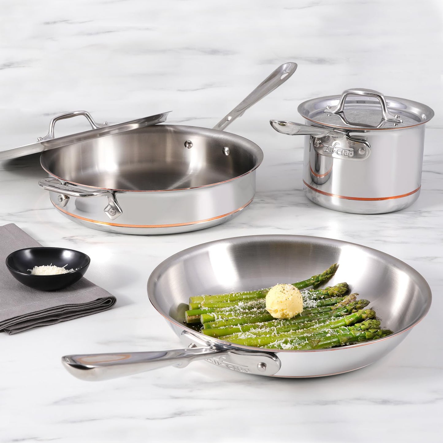 All-Clad Copper Core 5-Ply Stainless Steel Cookware Set, 5 Piece, Induction, Oven Broiler Safe 600F, Pots and Pans, Sauce Pan, Saute Pan, Cookware, Silver