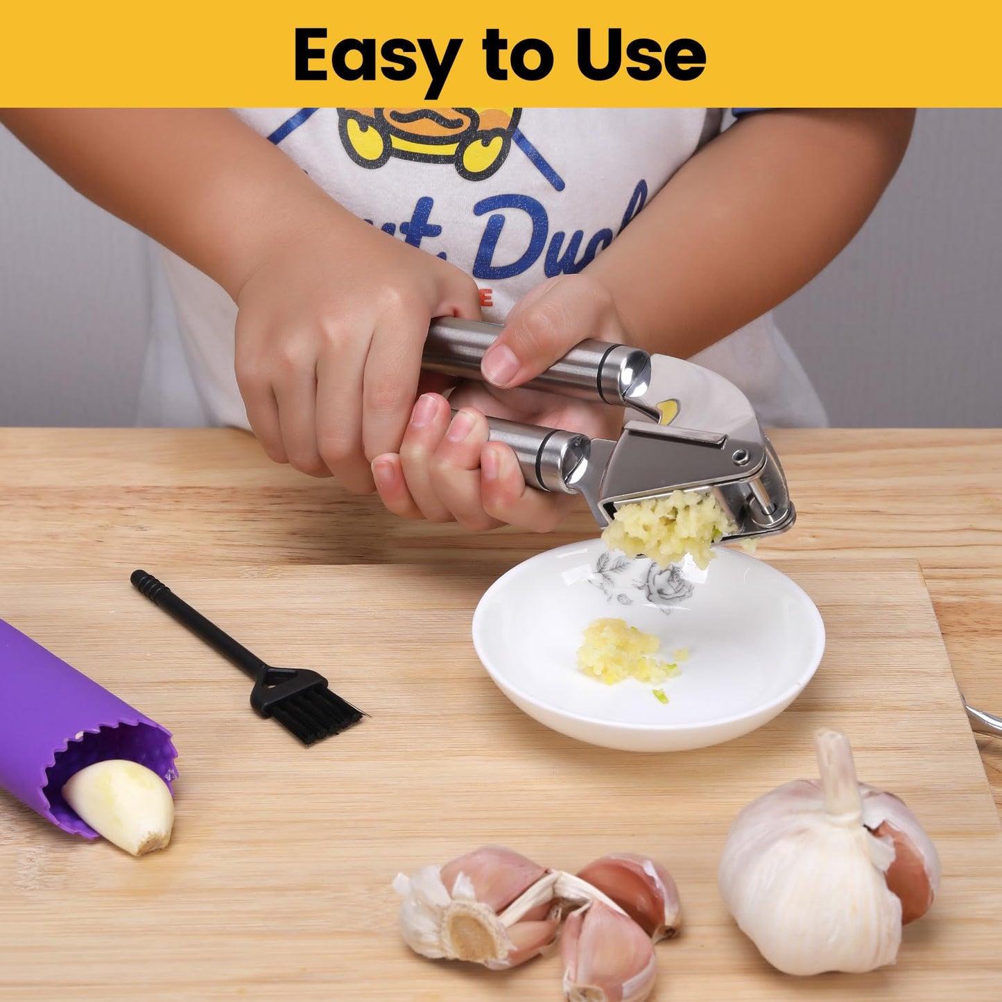 Garlic Press Mincer, 304 Stainless Steel Garlic Press with Garlic Peeler Tube, Heavy Duty Metal Ginger Press, Silver