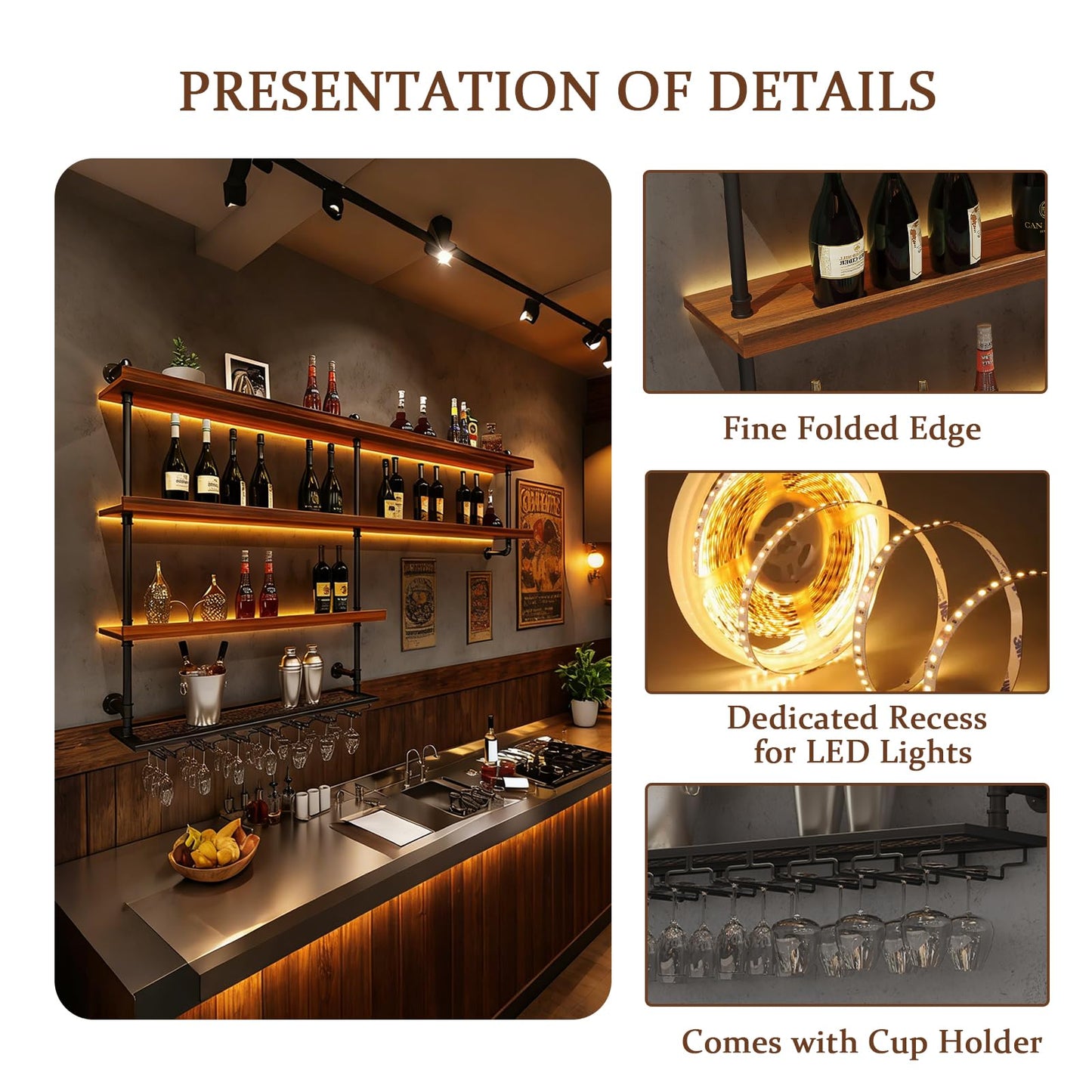 TAUODUYY 51.1in Large Wine Rack with LED Light, 4 Tiers Solid Wood Wall Mounted Wine Rack, Industrial Liquor Bottles Floating Shelves with Glass Holder for Home Bar/Dining Room (51.1in/130cm)