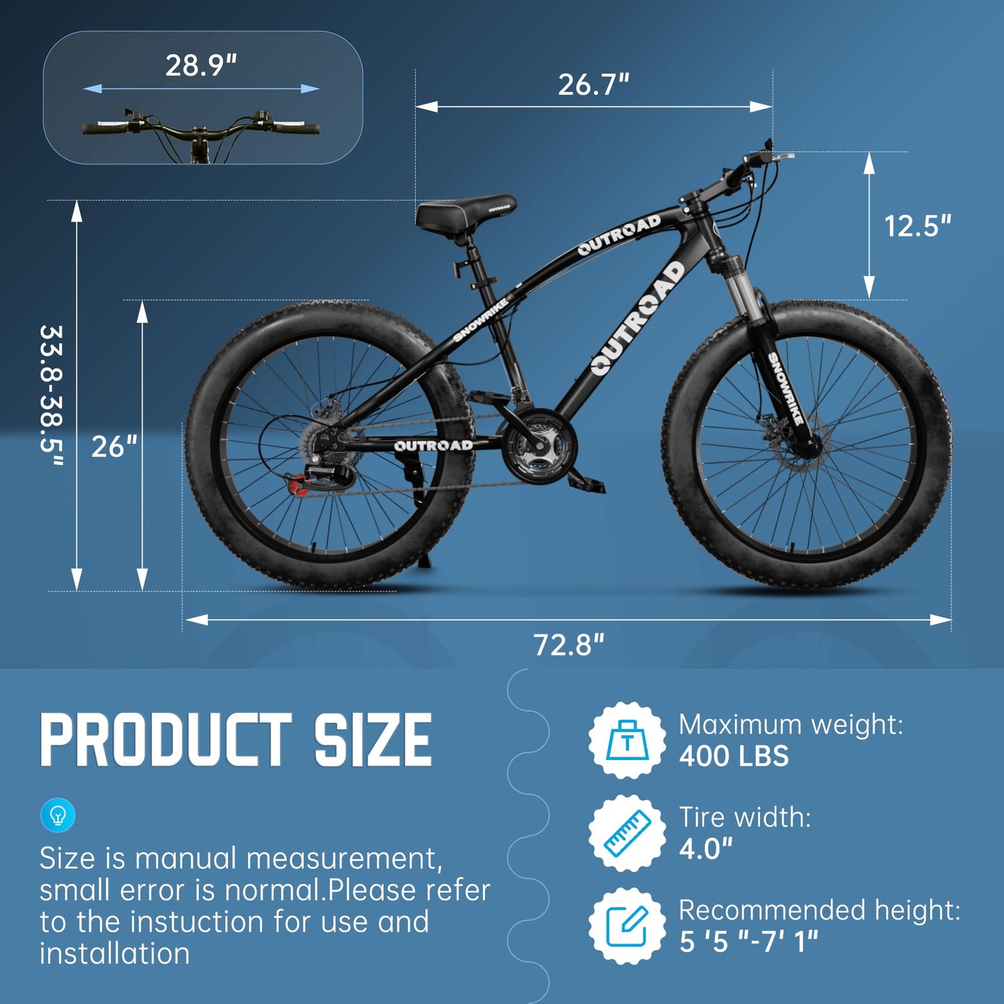 MarKnig 26 inch Fat Tire Mountain Bike with 4 inch Knobby Tires, 21 Speed MTB with Dual Disc Brake for Adults, Anti-Slip Bicycle, Black