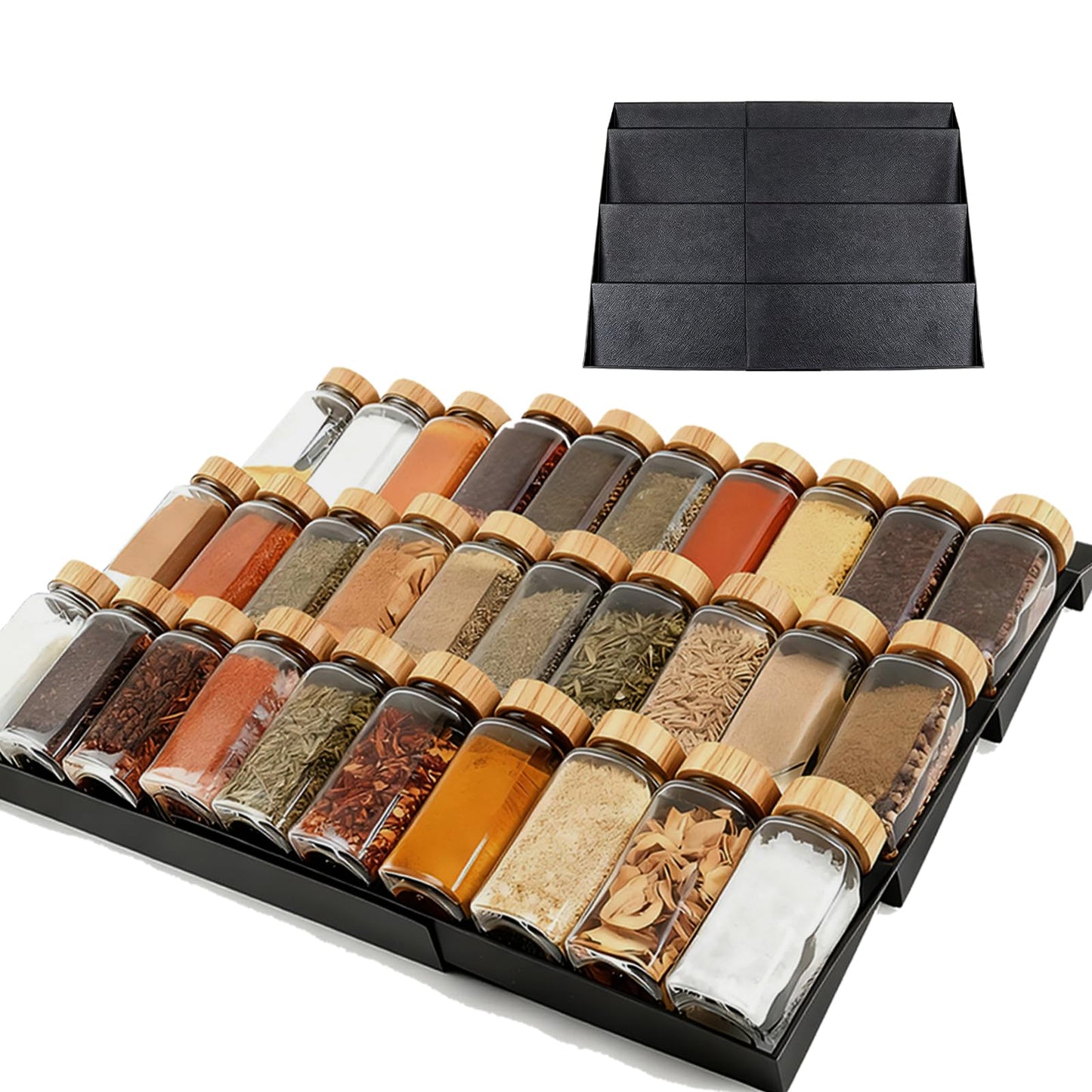 Pesilo Spice Drawer Organizer, 4 Tier- 6 Pack Drawer Seasoning Organizers, Kitchen Spice Rack Tray Expandable From 12" to 24", Black Spice Rack Insert for Cabinet Countertop(Jars Not Included)