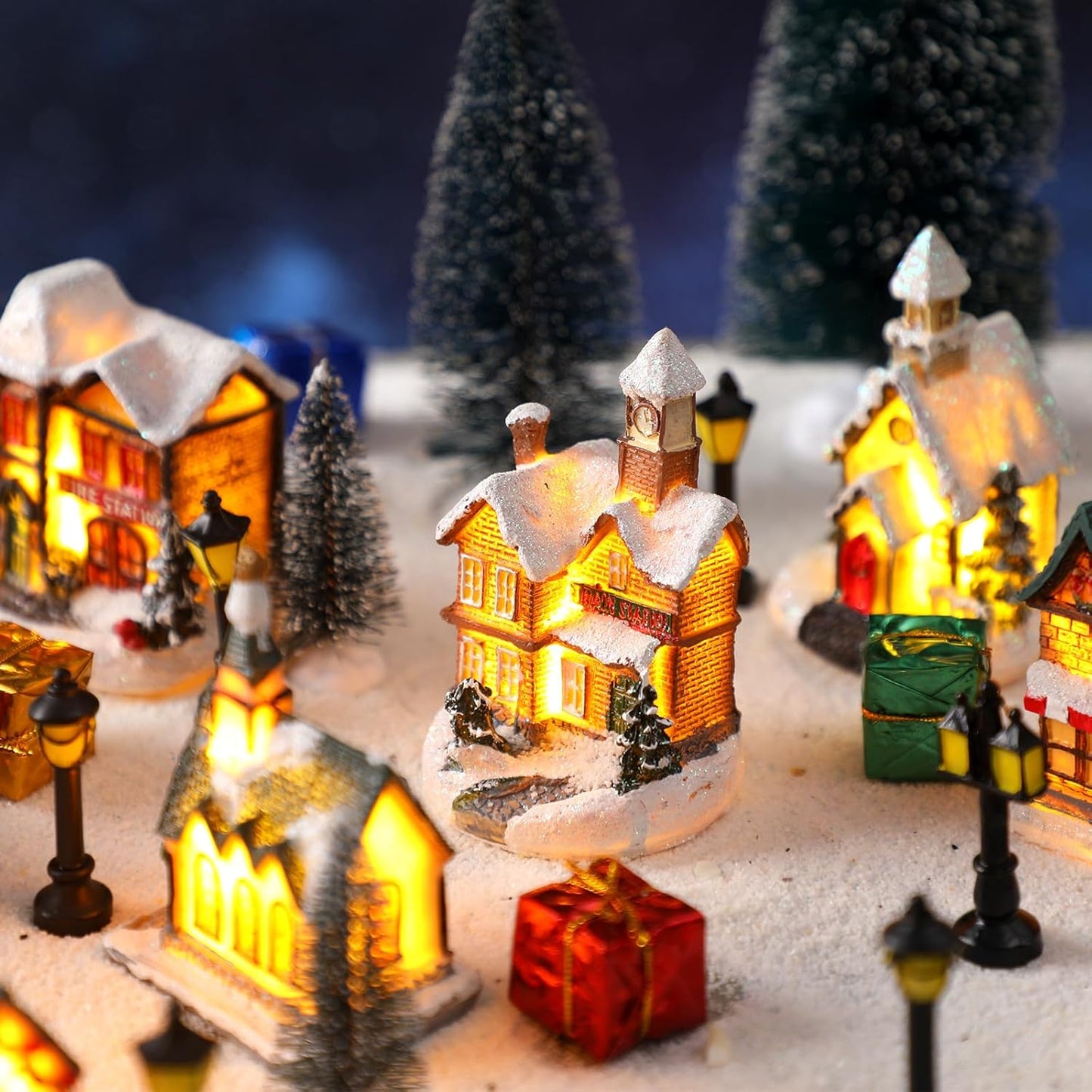 Shappy Christmas Village Houses Set - 48 Pcs with 10 LED Lights, Mini Trees & Snow Blanket
