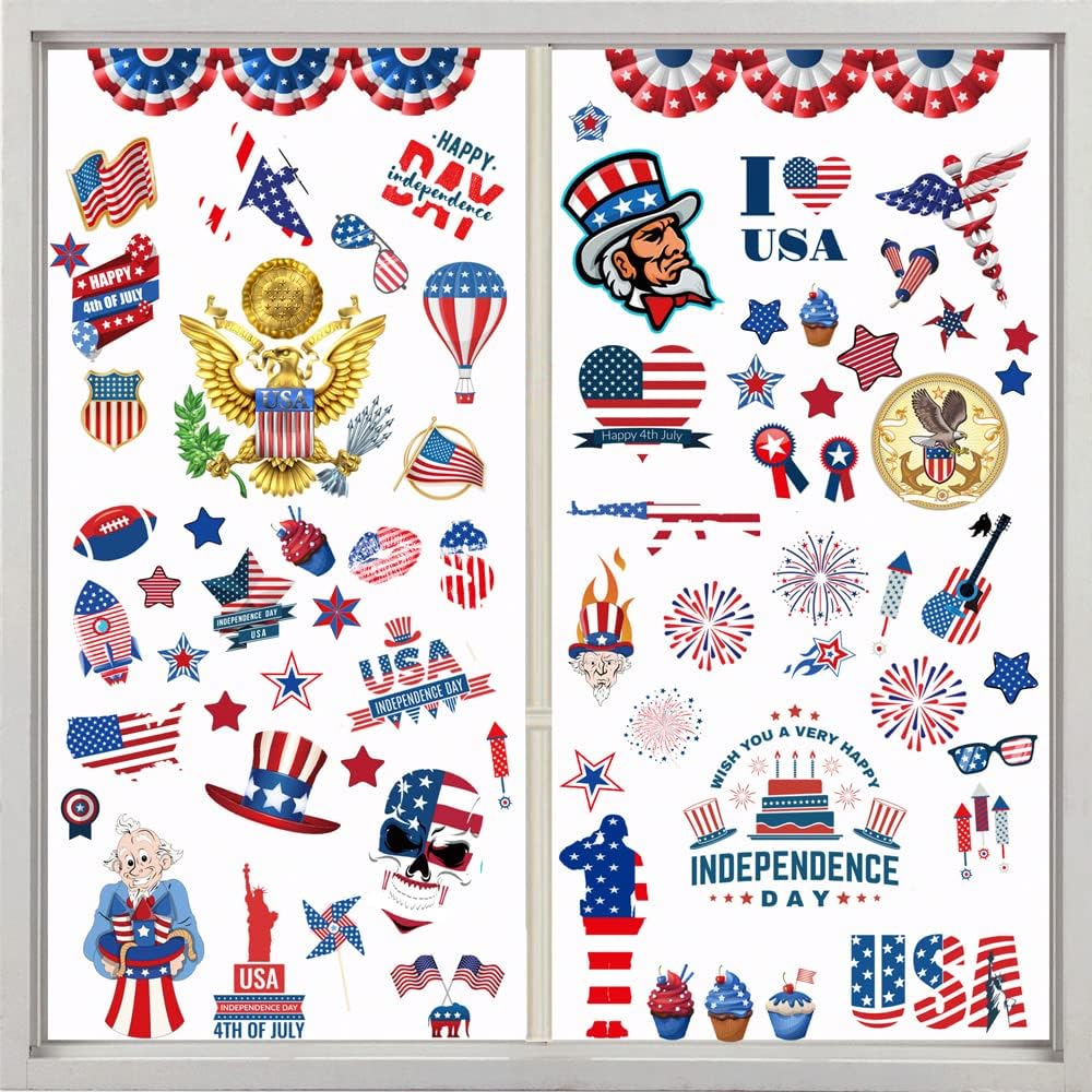 Independence Day Decoration Stickers, 9 Sheets 4th of July Flag Window Cling Decals for Home Office Party Supplies