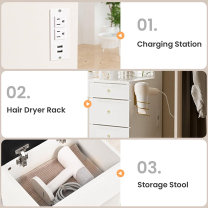 Pamapic Glass Top Makeup Vanity with Crystal Handles, 11 Drawers Vanity Desk with Mirror and Stool, 3 Lighting Modes Dressing Table with Charging Station, White