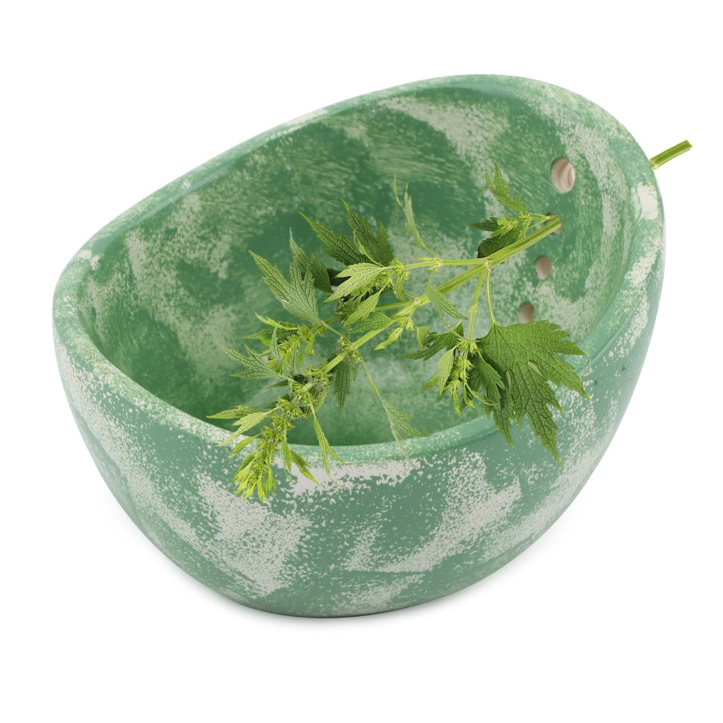 Pottery Herb Stripper Bowl, Handmade Herb Stripper Ceramic Bowl with 4-Slot Different Hole Sizes for Kale, Herbs & Broccoli, Efficient Peeling Off the Leafy Assembly(Green)