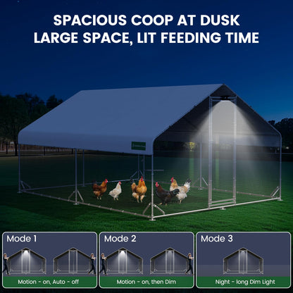 Large Chicken Coop with Chicken Run & Hardware Cloth, Solar Light, Waterproof & UV-Resistant Cover, Outdoor Poultry Cage for Farm Use,2 Room