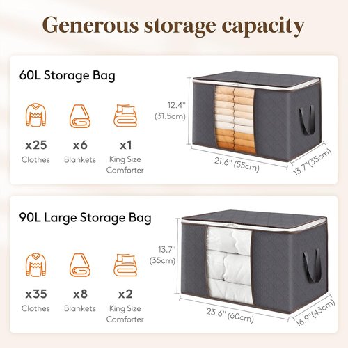 Lifewit 12-Pack 60L Clothes Storage Bins - Foldable Blanket Bags with Zippers & Clear Windows