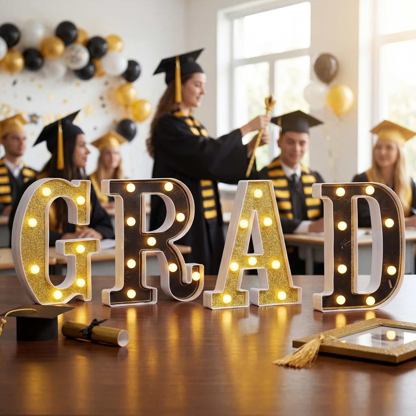 VIHOSE 2026 Graduation Grad Light up Sign, 4 LED Marquee Light up Letter''grad''sign Decorations for Kindergarten Preschool High School College Wall Table Decor Party Supplies(Black & Gold)