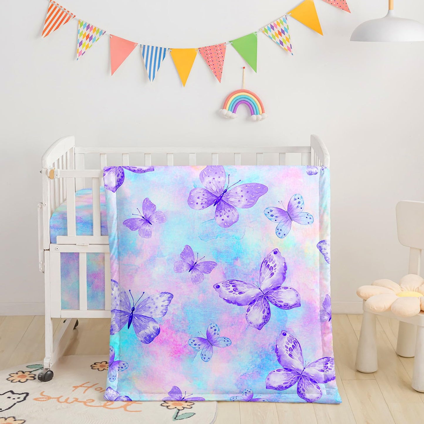 Datura Home Crib Bedding Set, 3-Piece Nursery Crib Bundle with Comforter, Crib Sheet & Skirt, Watercolor Butterfly Printed Bedding for Baby Boys & Girls (Butterfly Purple)